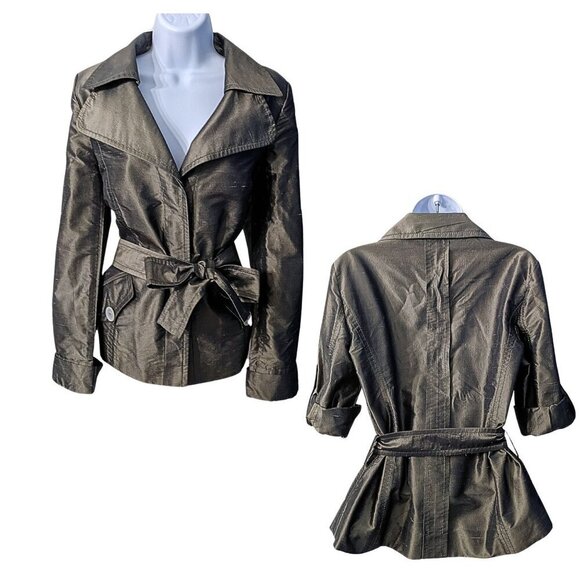 Vtg Y2K VALENTINO Metallic Futurism 100% Silk Green-Gray Belted Moto Trench Sz 8 - Picture 5 of 9